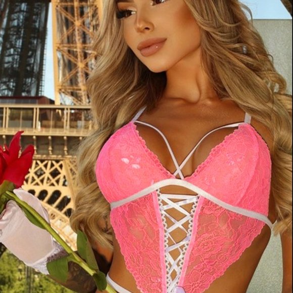 Pink Lace Strappy Sexy Teddy Lingerie - Picture 4 of 5